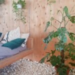 Natural wooden modern interior, relax zone, eco friendly furniture