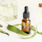 Eucalyptus essential oil on glass bottle