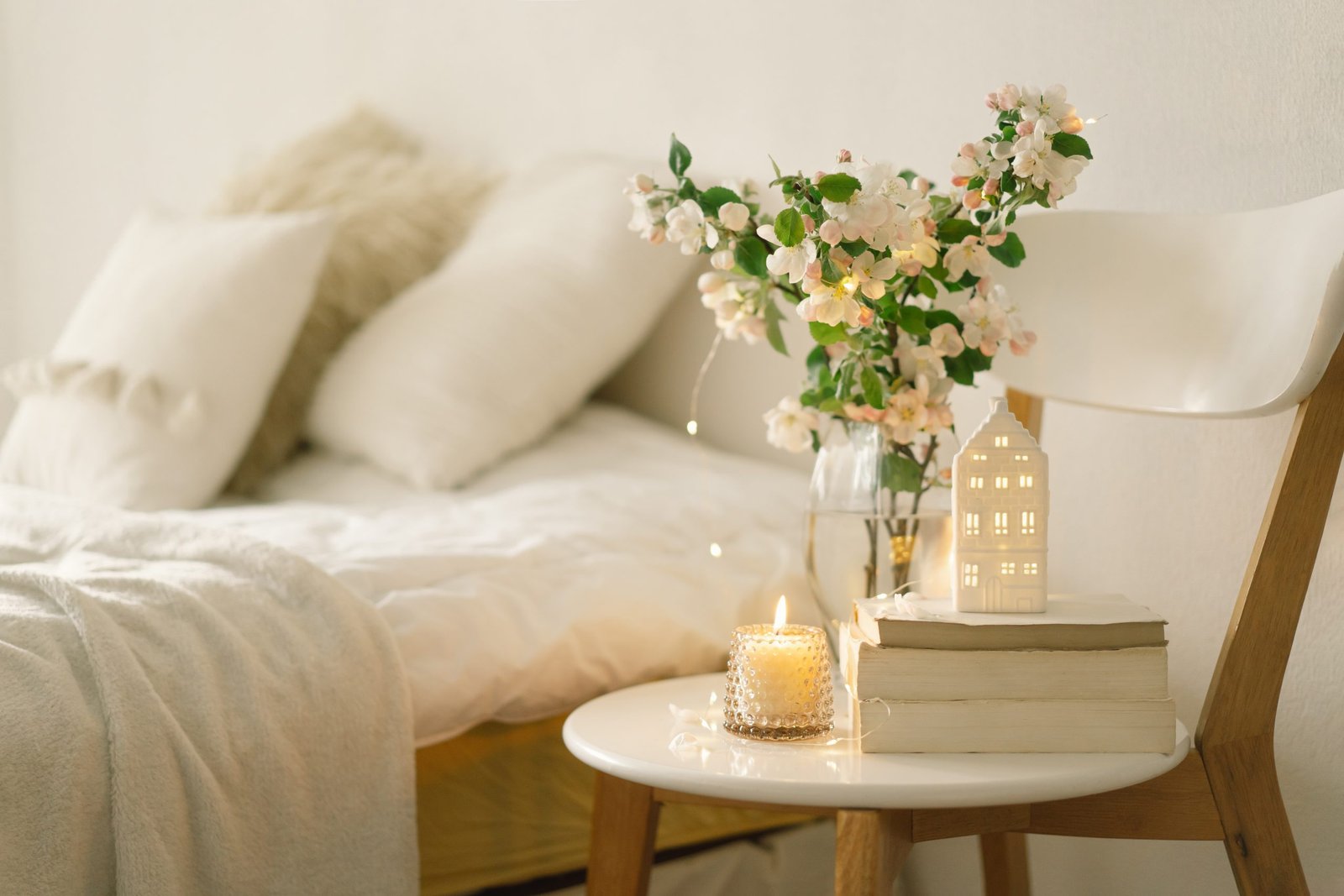 Book, candle and vase with apple spring flowers.