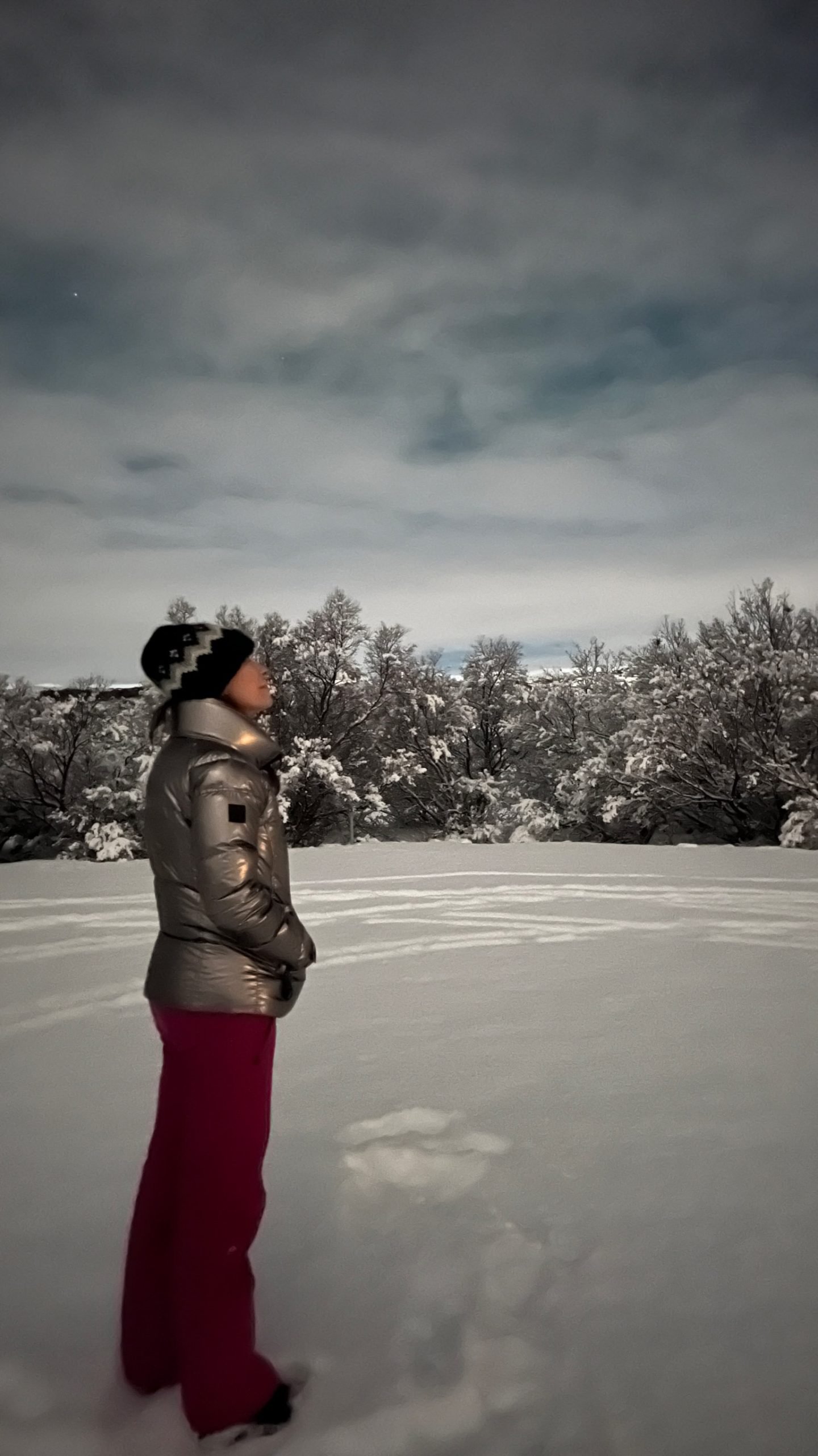 Karen standing and looking up to find northern lights.