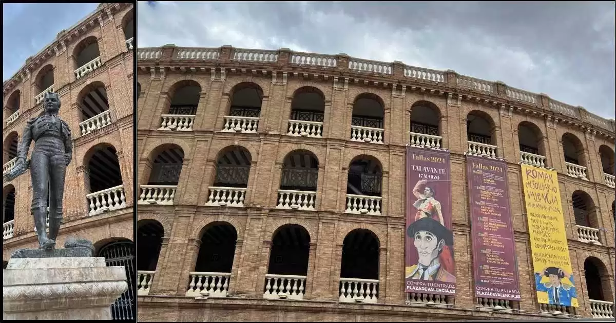 Matador Statue (left) Bull Fighting Colloseum with a banner on the side (right