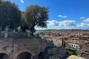 Rome city with trees and a bridge view from top of the Hill.