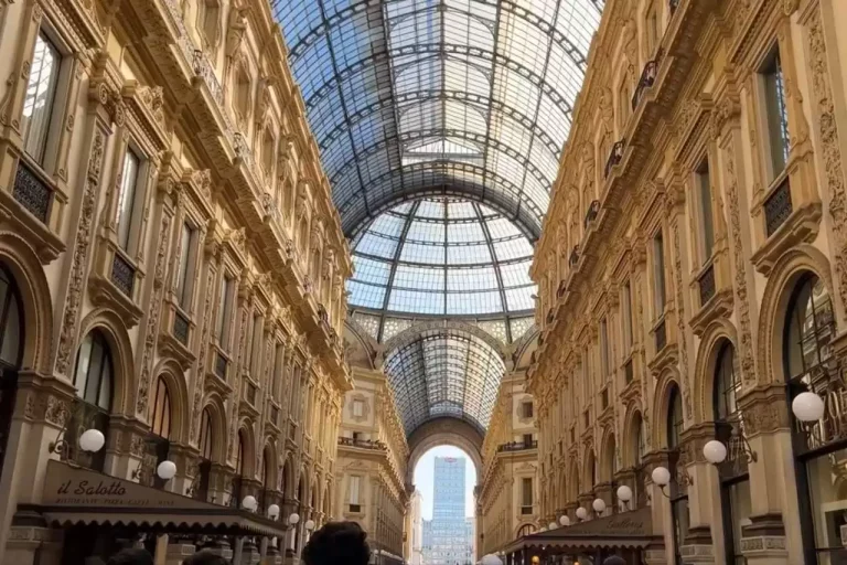 A glass roof of Galleria Vittorio Emanuele II in Milan Italy.