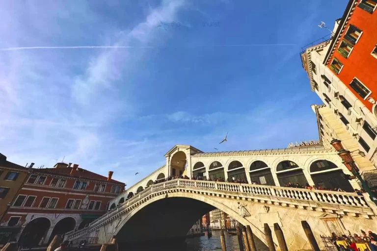 Rialto bridge over water with people walking on it.