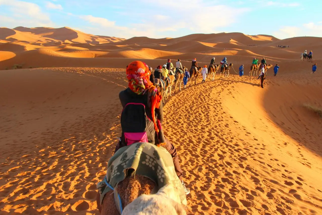 a group of people riding camels in sahara desert