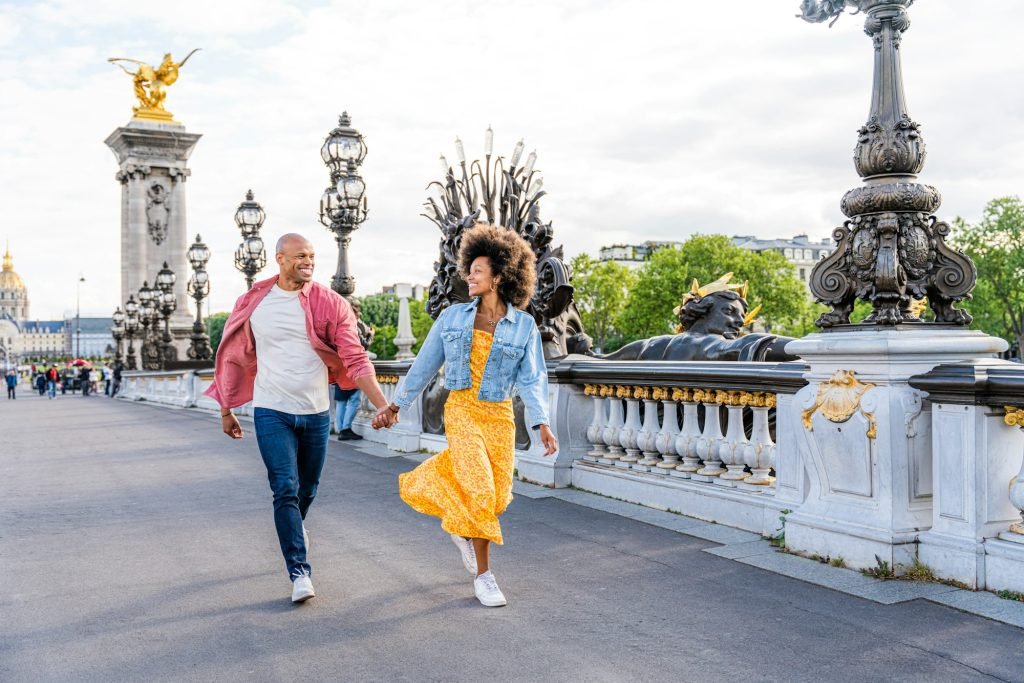 Afro-american beautiful couple in love visiting Paris
