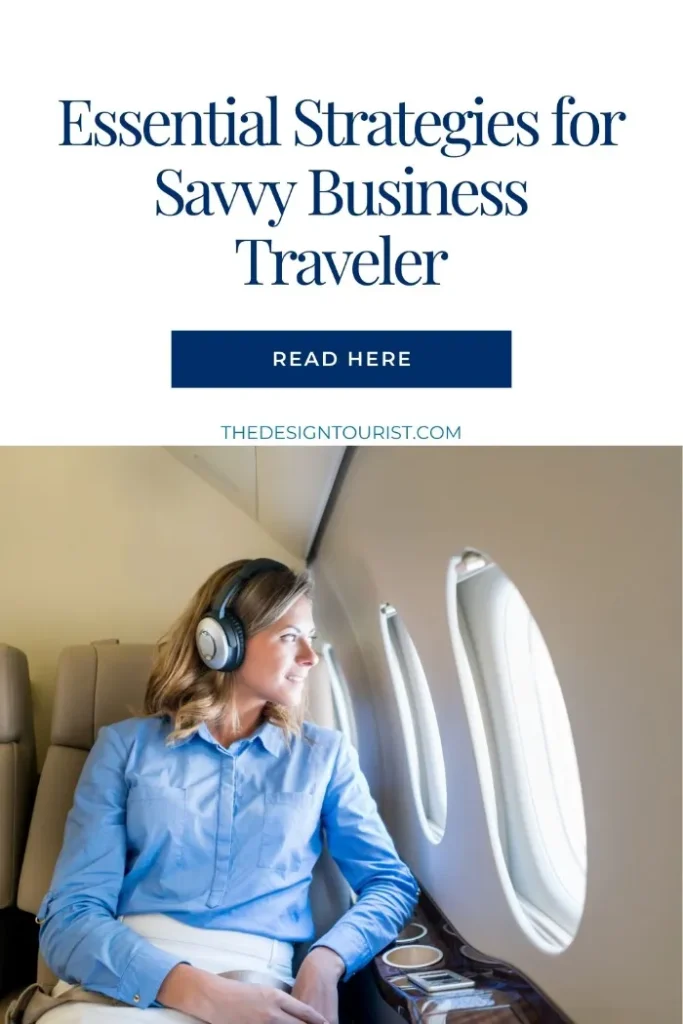 A woman in plane with text "Essential Strategies for Savvy Business Traveler"