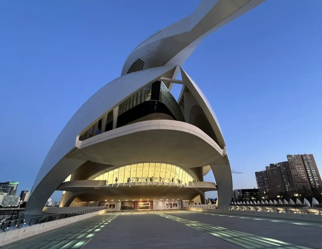 The Hemisfèric at City of Arts and Sciences that resembles an eyeball, with the hemispherical dome acting as the pupil and eyelids that open and close using hydraulic lifts to operate the steel and glass shutters.