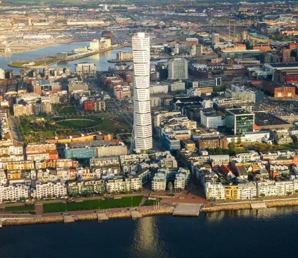 Aerial view of Turning Torso residential skyscraper in Malmo city