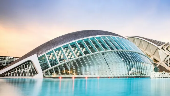 The city of the Arts and Sciences, Ciudad de las Artes y las Ciencias at sunset in Valencia, Spain.