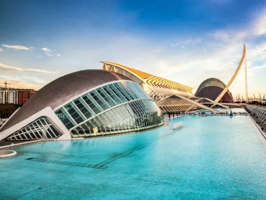 The city of the Arts and Sciences, Ciudad de las Artes y las Ciencias at sunset in Valencia, Spain.