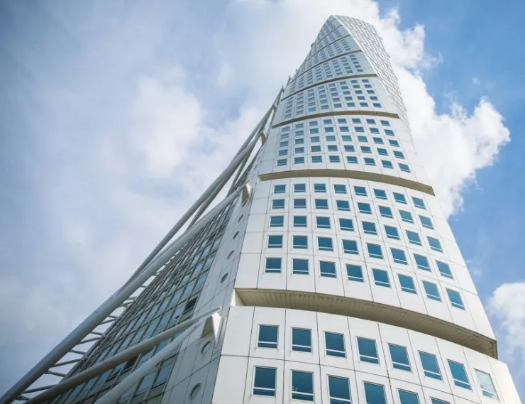 Turning Torso, the skyscraper of Malmö photographed from a low angel