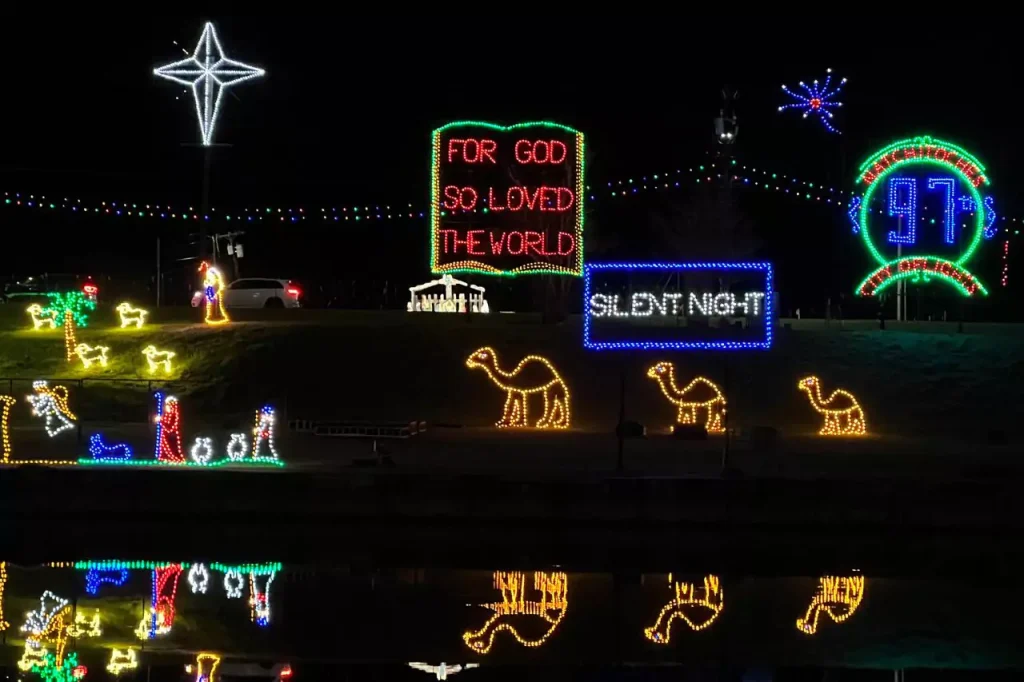 a display of christmas lights in a park in Natchitoches Louisiana Christmas Festival