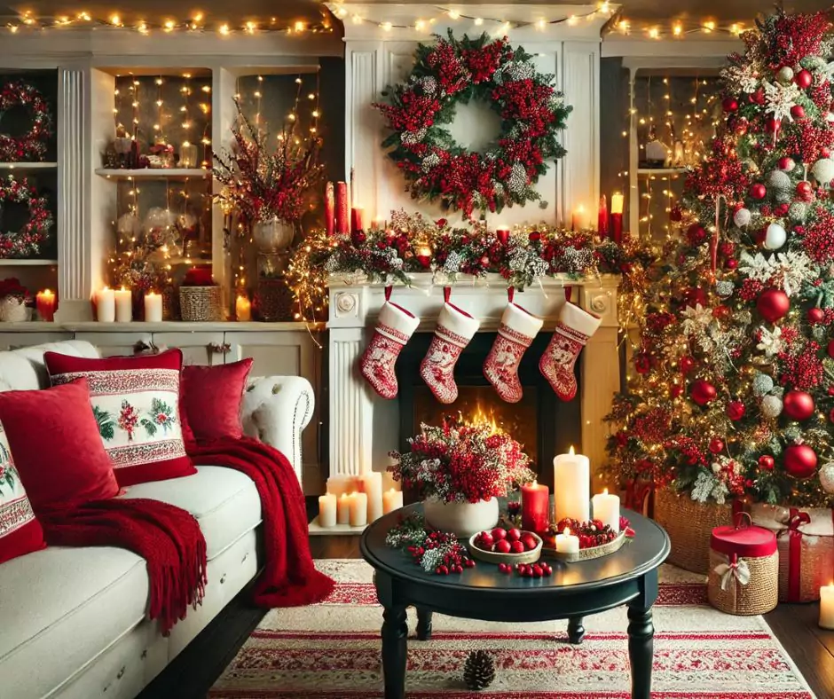 A living room cozy design featuring a berry-inspired Christmas decor, emphasizing warmth and festive charm.