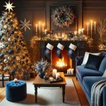 A living room with furniture with holiday design showcasing a cozy and elegant Christmas decor with a deep navy blue theme.