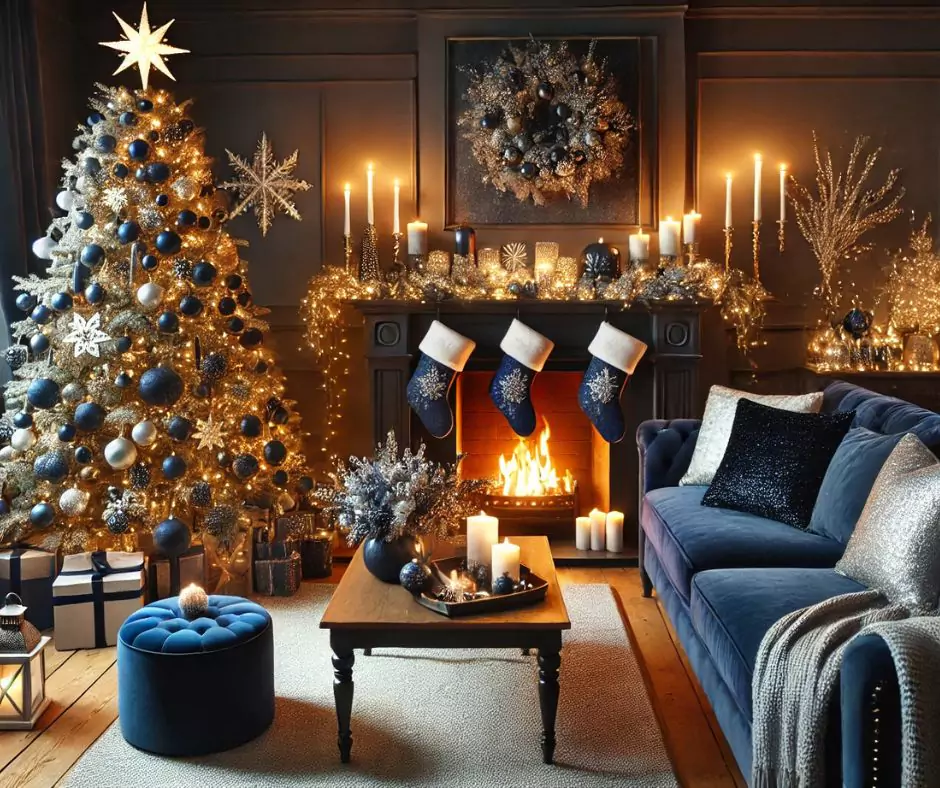 A living room with furniture with holiday design showcasing a cozy and elegant Christmas decor with a deep navy blue theme.