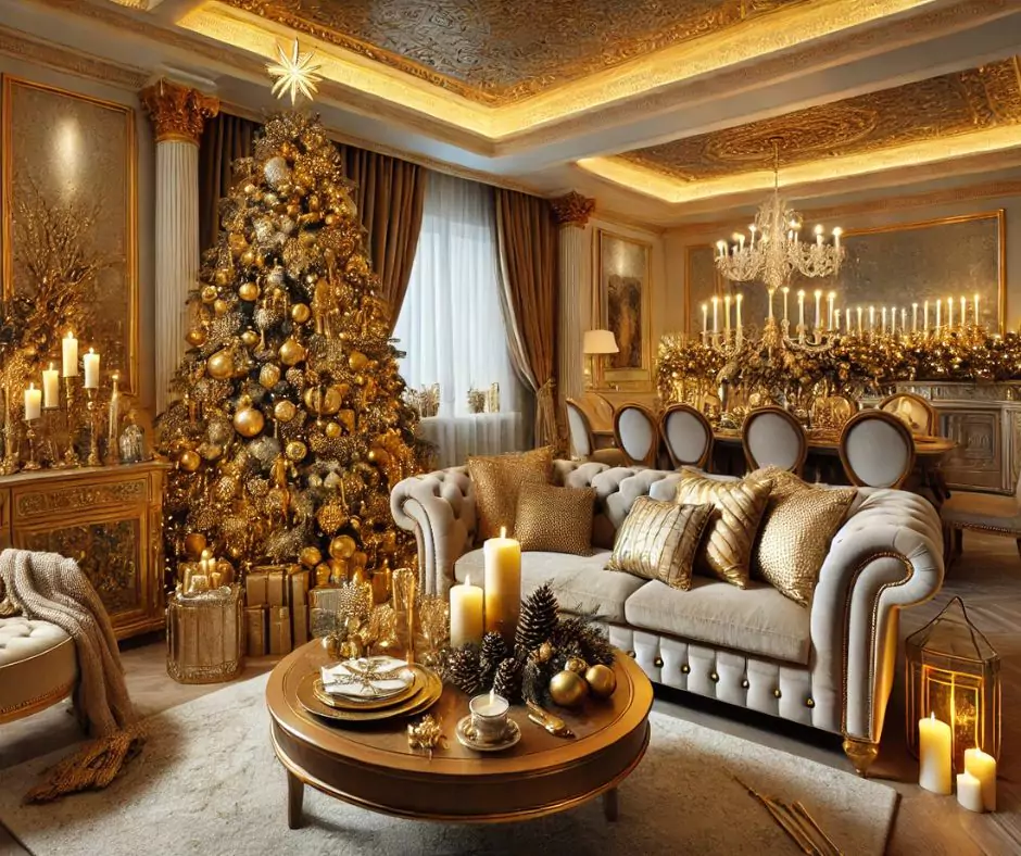 a sophisticated design featuring a gold-accented Christmas decor, complete with a beautifully decorated tree and an elegant table setting.
