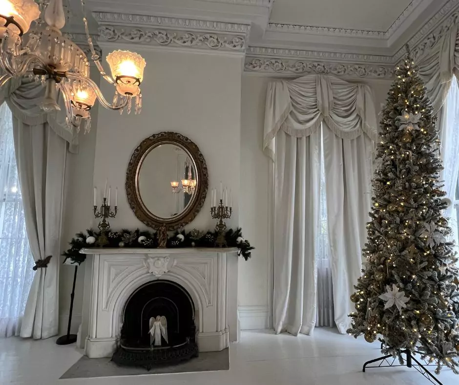 a christmas tree in a room of Nottoway Mansion