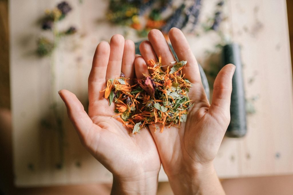 a person holding a handful of dried flowers