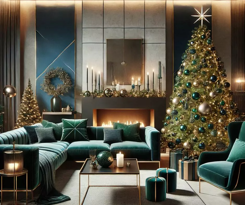 a modern and realistic Christmas decor setting with a luxurious all-velvet theme, combining contemporary design elements with festive elegance.