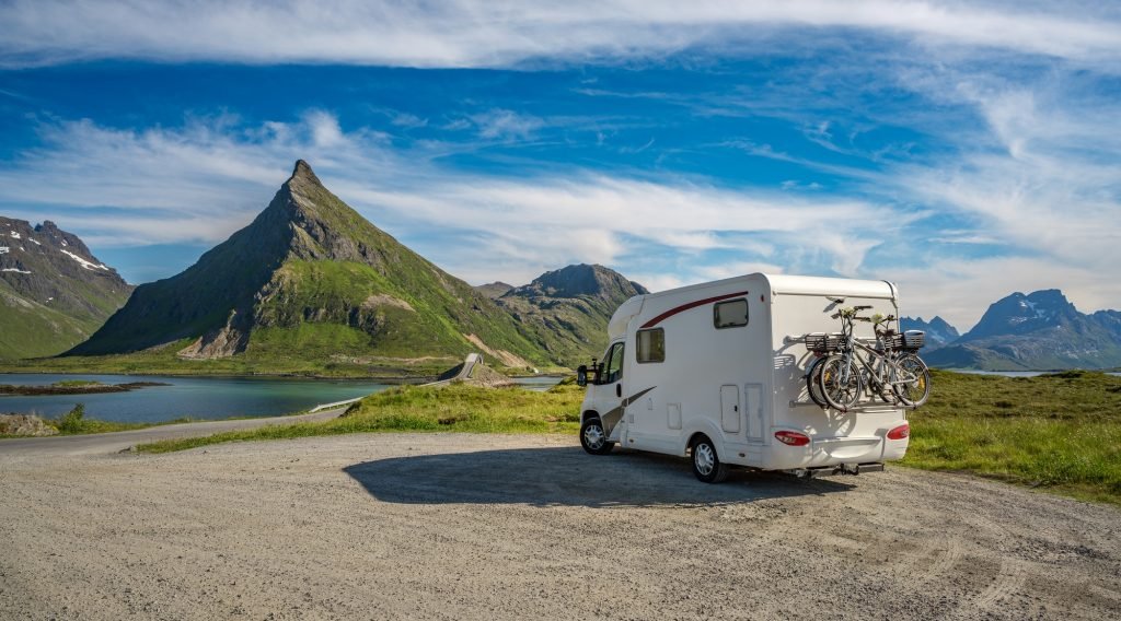 Family vacation travel RV, holiday trip in motorhome, Caravan car Vacation.