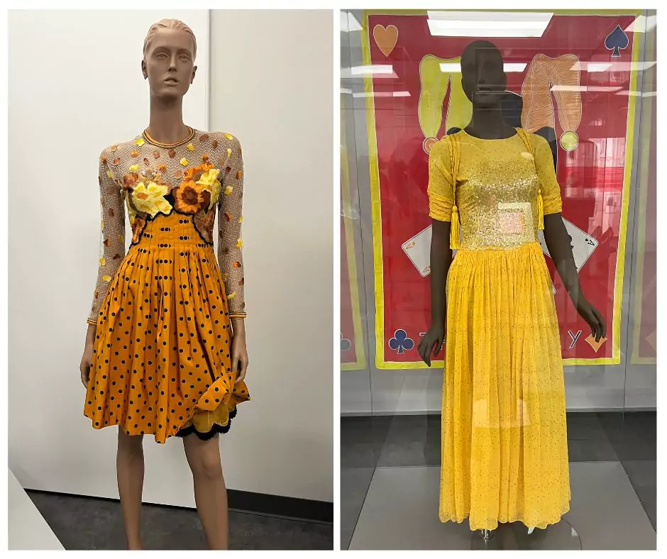 A side-by-side comparison of two vibrant Geoffrey Beene dresses: an orange polka-dot dress with floral appliqué and a shimmering gold dress with a sequined bodice. Both designs highlight Beene's use of texture and color.