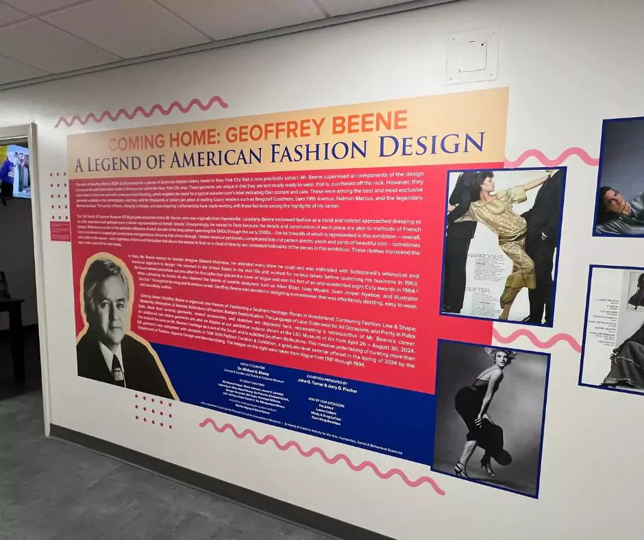 A museum wall display highlighting Geoffrey Beene's legacy in American fashion design. The exhibit panel includes a biography, images of Beene’s designs, and a bold graphic layout celebrating his influence.