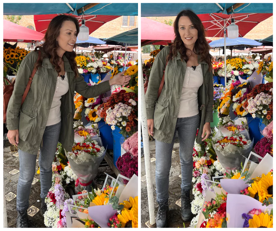 a woman (Karen LeBlanc) at a flower market in Ecuador