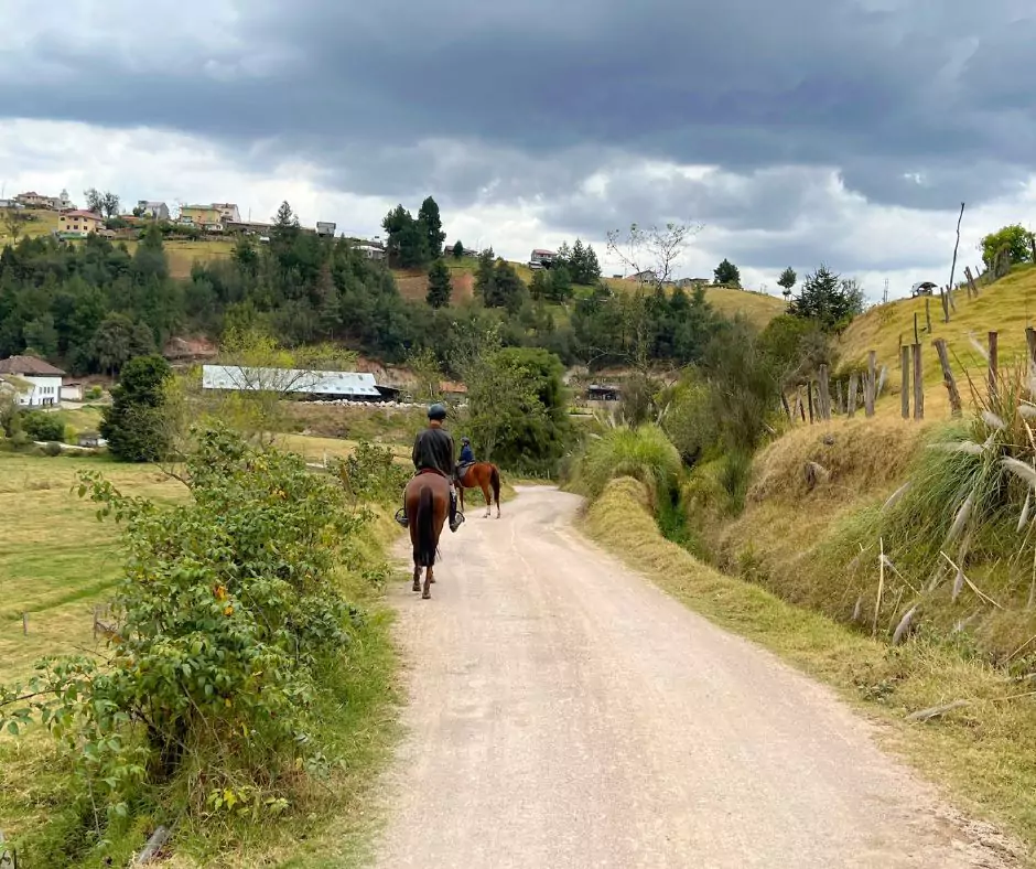 two people riding horses down a dirt road