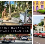 A woman riding a vintage cuban car exploring Havana.