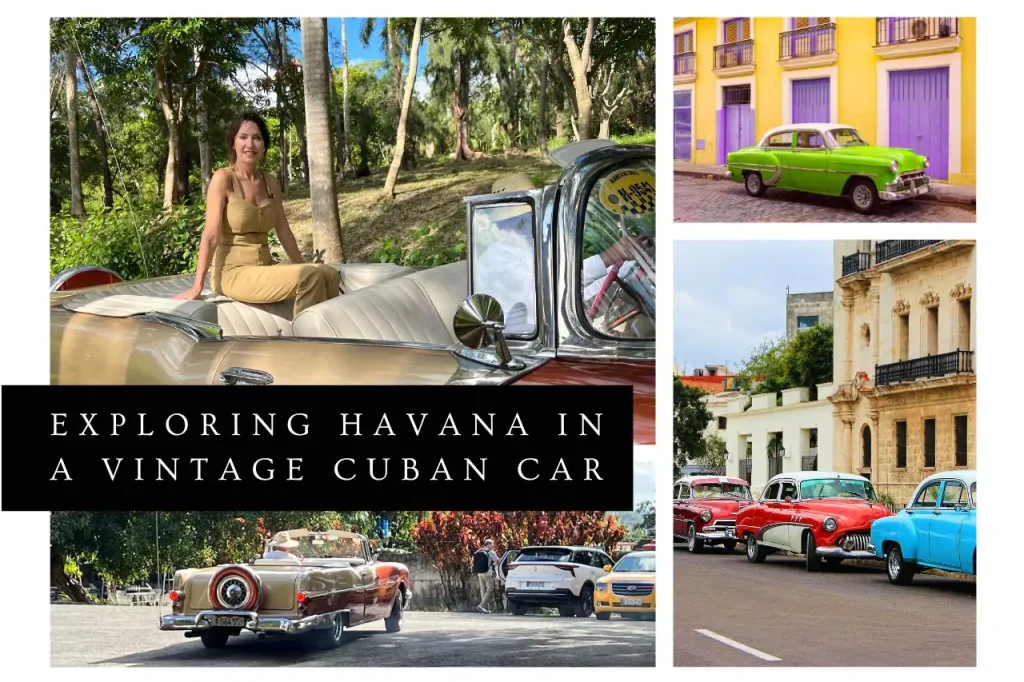 A woman riding a vintage cuban car exploring Havana.