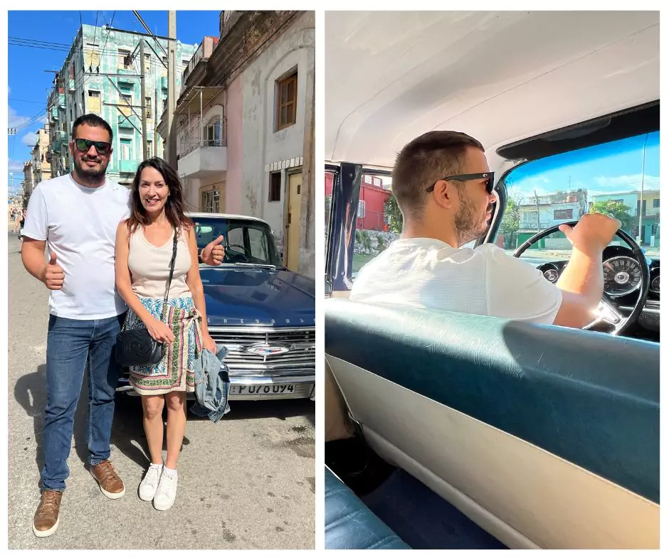 A man and woman pose with thumbs up in front of a classic blue Chevrolet on a sunlit street in Havana, Cuba, with colorful, weathered buildings in the background. In the second image, the man is seen driving the vintage car, wearing sunglasses and gripping the large steering wheel, with the car's retro blue and white interior visible.