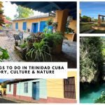 Collage of top things to do in Trinidad, Cuba, featuring a colorful colonial courtyard, Manaca Iznaga Tower, lush jungle waterfall at Topes de Collantes, and pastel-painted historic houses.