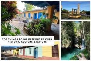 Collage of top things to do in Trinidad, Cuba, featuring a colorful colonial courtyard, Manaca Iznaga Tower, lush jungle waterfall at Topes de Collantes, and pastel-painted historic houses.