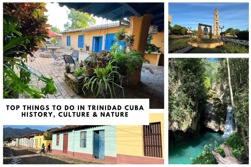 Collage of top things to do in Trinidad, Cuba, featuring a colorful colonial courtyard, Manaca Iznaga Tower, lush jungle waterfall at Topes de Collantes, and pastel-painted historic houses.