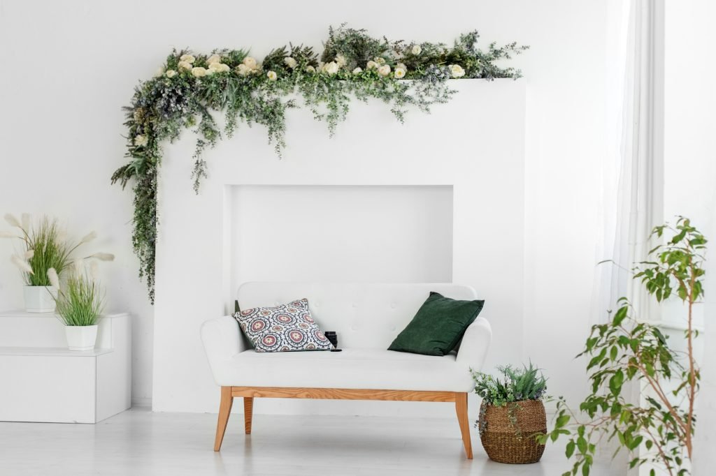 Beautiful interior room with a sofa. Minimalism. Concept design, renovation, housing, home.