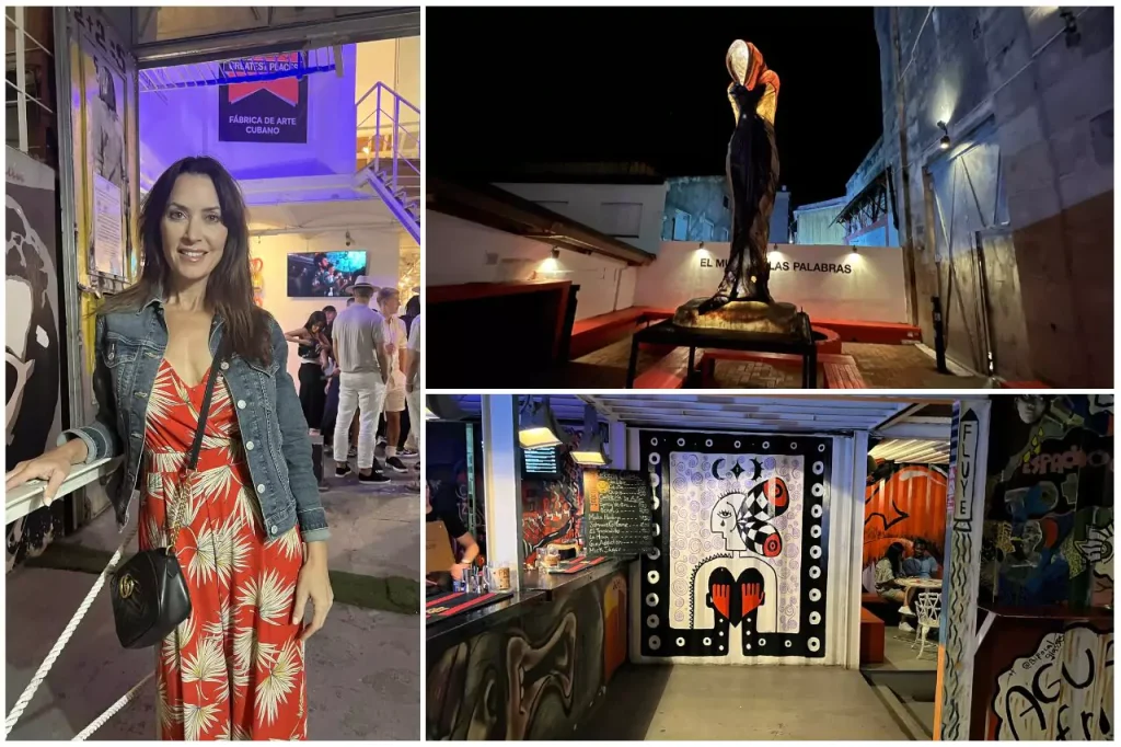 Scenes from Fábrica de Arte Cubano in Havana, featuring local art installations, vibrant murals, and visitors exploring the cultural hub at night.