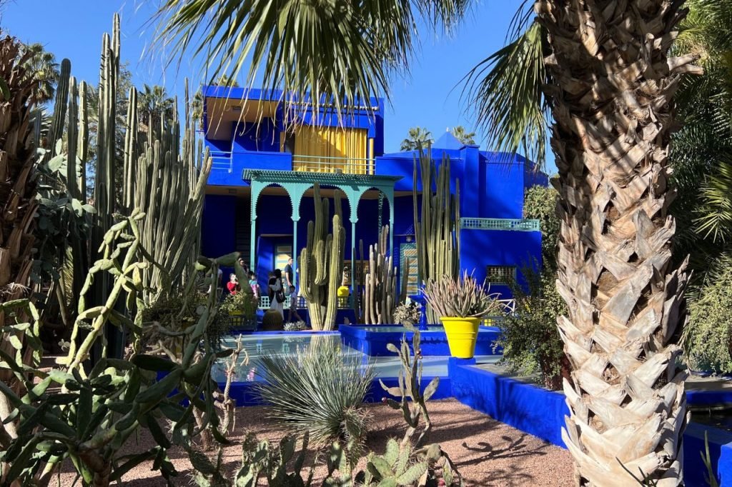 View of the vibrant blue and yellow building inside Jardin Majorelle, surrounded by cactus and palm trees in Marrakech, Morocco