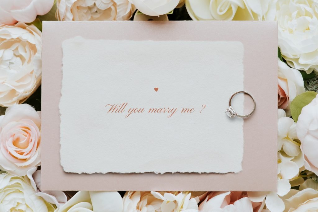 Wedding proposal card with rose and ring