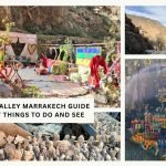 Collage of colorful scenes from the Ourika Valley near Marrakech, including traditional Berber decorations, scenic mountain views, a vibrant drink and fruit stall by a waterfall, and handmade stone crafts. Text overlay reads: "Ourika Valley Marrakech Guide – 10 Best Things to Do and See."