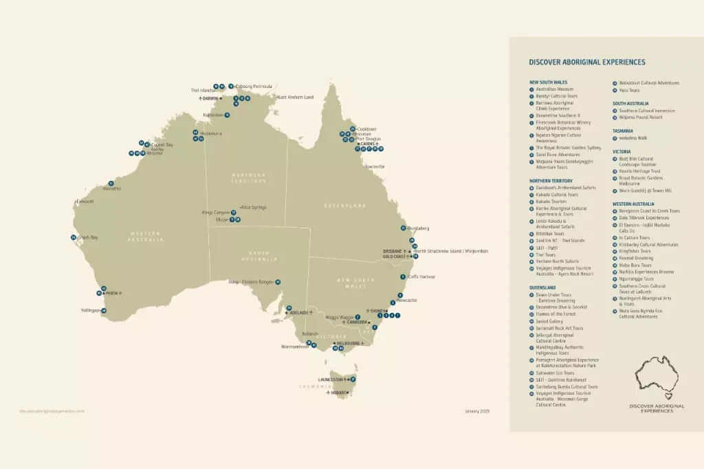 Map of Australia highlighting locations of Discover Aboriginal Experiences across all states and territories, including cultural tours, art centers, and Indigenous-guided activities