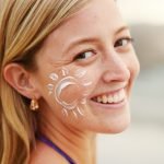 Beach, portrait and woman with sunscreen for skincare, uv protection or beauty at sunset. Ocean, su