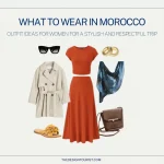 What to Wear in Morocco – outfit ideas for women for a stylish and respectful trip, featuring a flat lay with an orange two-piece set, trench coat, floral sandals, scarf, sunglasses, earrings, and a crossbody bag.