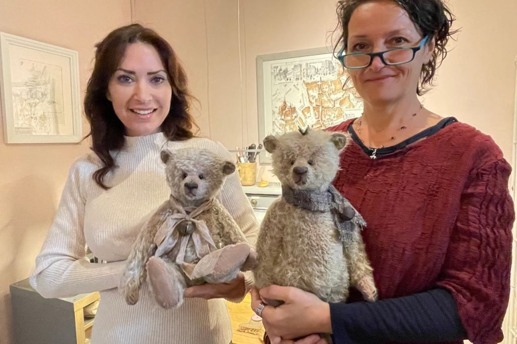 : Karen LeBlanc and the Tilibom teddy bear maker proudly showcase their handcrafted, vintage-style teddy bears.