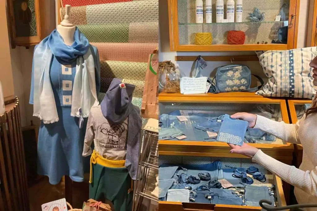 Locally made children’s clothes and indigo-dyed textiles at Maboni studio, home of Erfurter Blau dyeing tradition