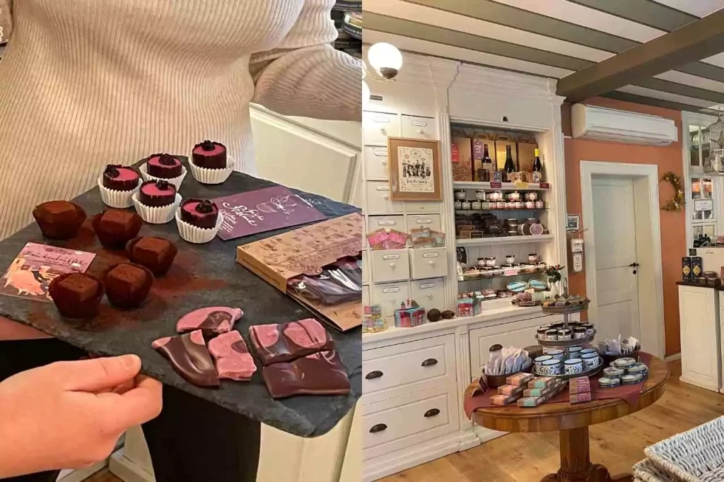Artisan chocolate tasting tray with handmade pralines and pink ruby chocolate from Goldhelm.