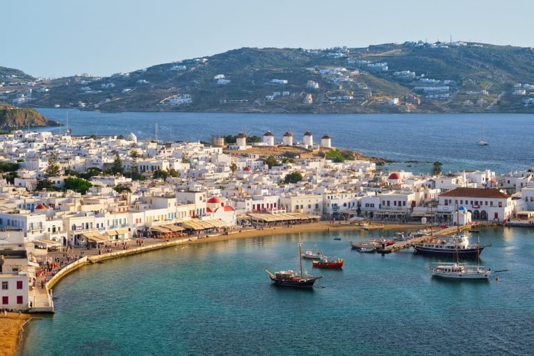 Mykonos island port with boats, Cyclades islands, Greece
