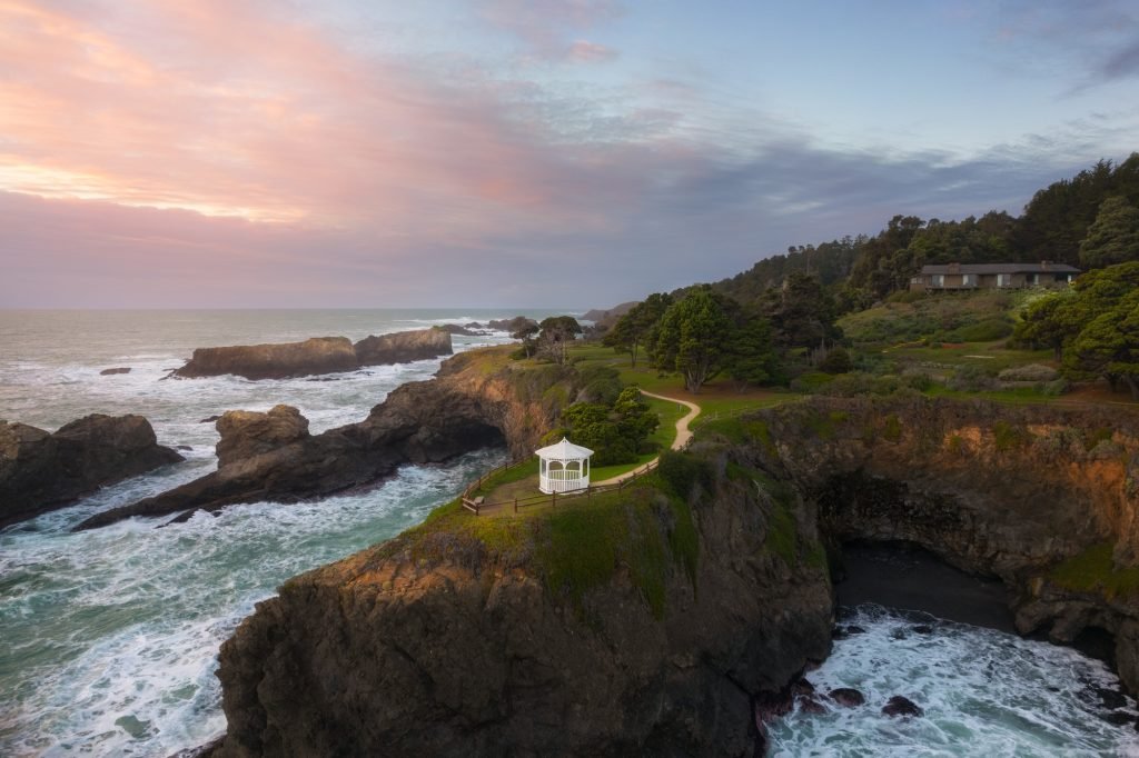 Sunset on the Mendocino Coast with Heritage House Resort and Spa in the background
