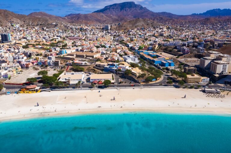 Aerial view of Laginha beach in Mindelo city in Sao Vicente Island in Cape Verde