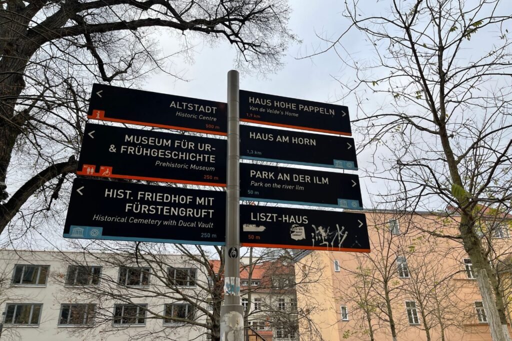 A directional signpost in Weimar, Germany, points to cultural and historic landmarks including Liszt-Haus, Haus Am Horn, and the Prehistoric Museum.